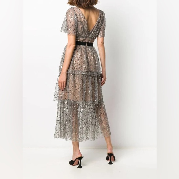 Self-portrait Sequin Embellished Silver leaf layered midi dress size xs - Picture 2 of 8